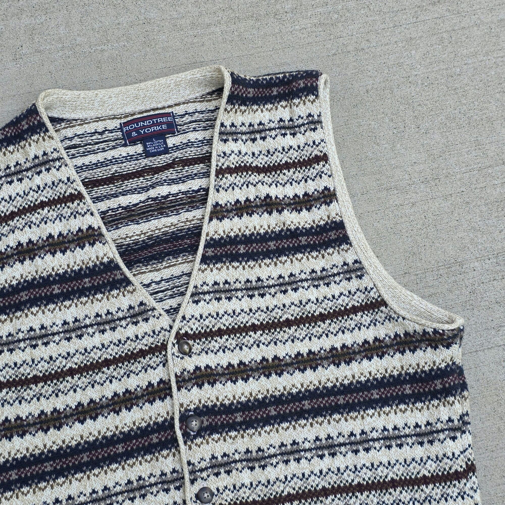 Vintage 90s Fair Isle Sweater Vest Men’s Large Grandpa Knit V-Neck USA Academia - Picture 2 of 6